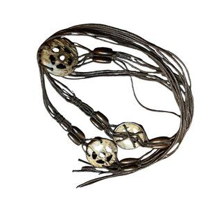 Vtg Boho Brown Beaded Belt Carved Coconut Shell Fringe Adjustable Length 75" L